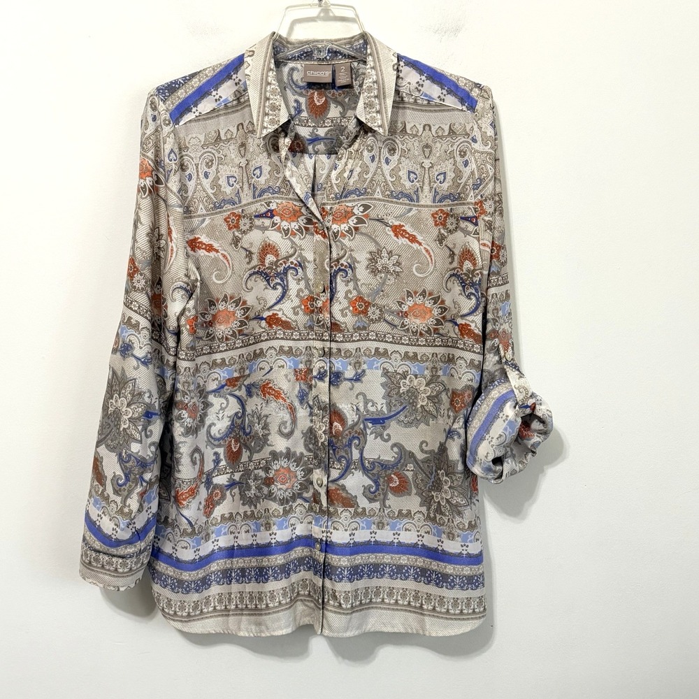 Chicos Paisley Blouse Shirt 2 Large Roll Tab Sleeve Office Party Classic‎ Top